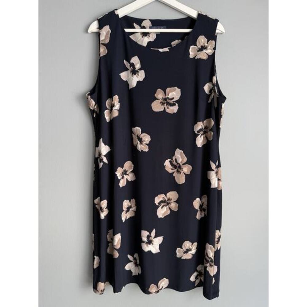 Tommy Hilfiger Floral Dress Women Size 14 Navy Sleeveless Shift Midi Office